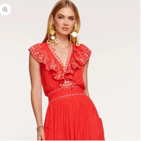 NWT Ramy Brook Camden Embroidered Ruffle Maxi Dress - Grenadine summer spring - Picture 4 of 8